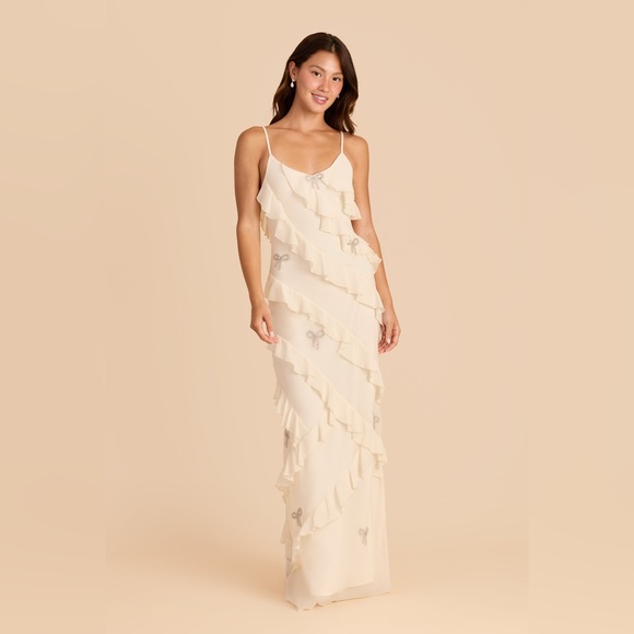 Cream Satin Ruffle Gown w/ Silver Crystal Bows – Romantic Maxi Slip Dress - Picture 2 of 9